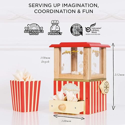 Miniatura 6 de Le Toy Van - Máquina de palomitas de maíz retro de madera para hacer panaderos | Juego de simulación de cine, cocina o películas | Juguete de rol