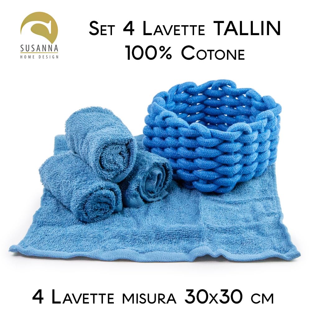Generico Susanna Home Set 4 Lavette 30x30 in Spugna di Cotone – Asciugamani Ospiti per Bagno, Skincare, Neonato – Confezionate in Cestino in Corda Intrecciata – Blu
