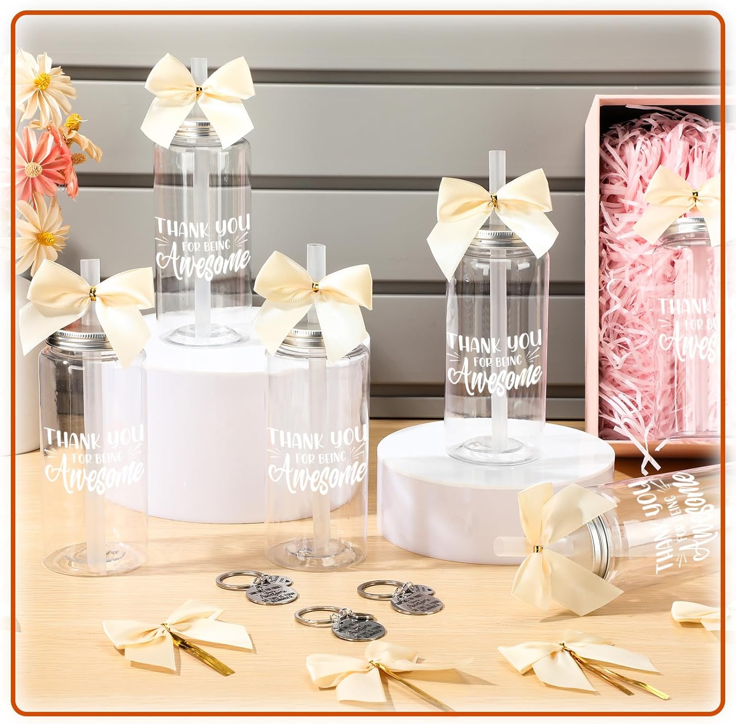 Skylety 20 Set Employee Appreciation Gifts Bulk 20 13.5 oz Thank You Skinny Plastic Cup with Lid Straw 20 Inspirational Keychain Birthday Gift for Men Women Coworker - Image 7