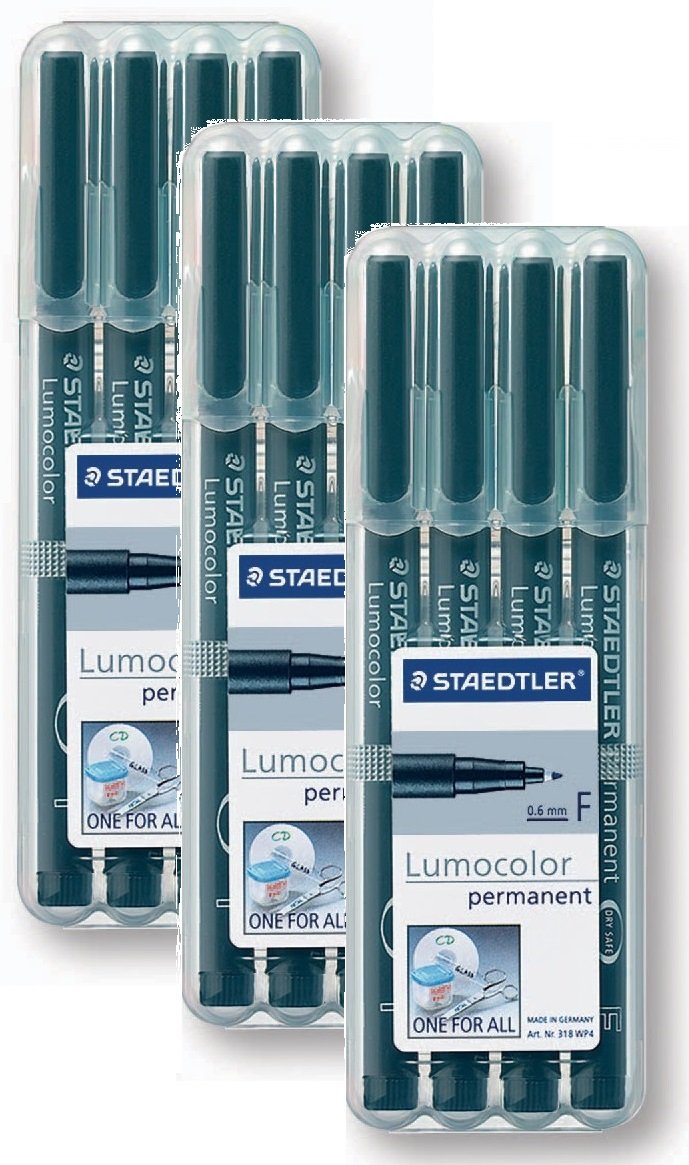 STAEDTLER permanenter Universalstift Lumocolor, wisch- und wasserfest, sekundenschnell trocken, nachfüllbar, Linienbreite 0,6 mm (Schwarz, 3x 4er Set mit Box)