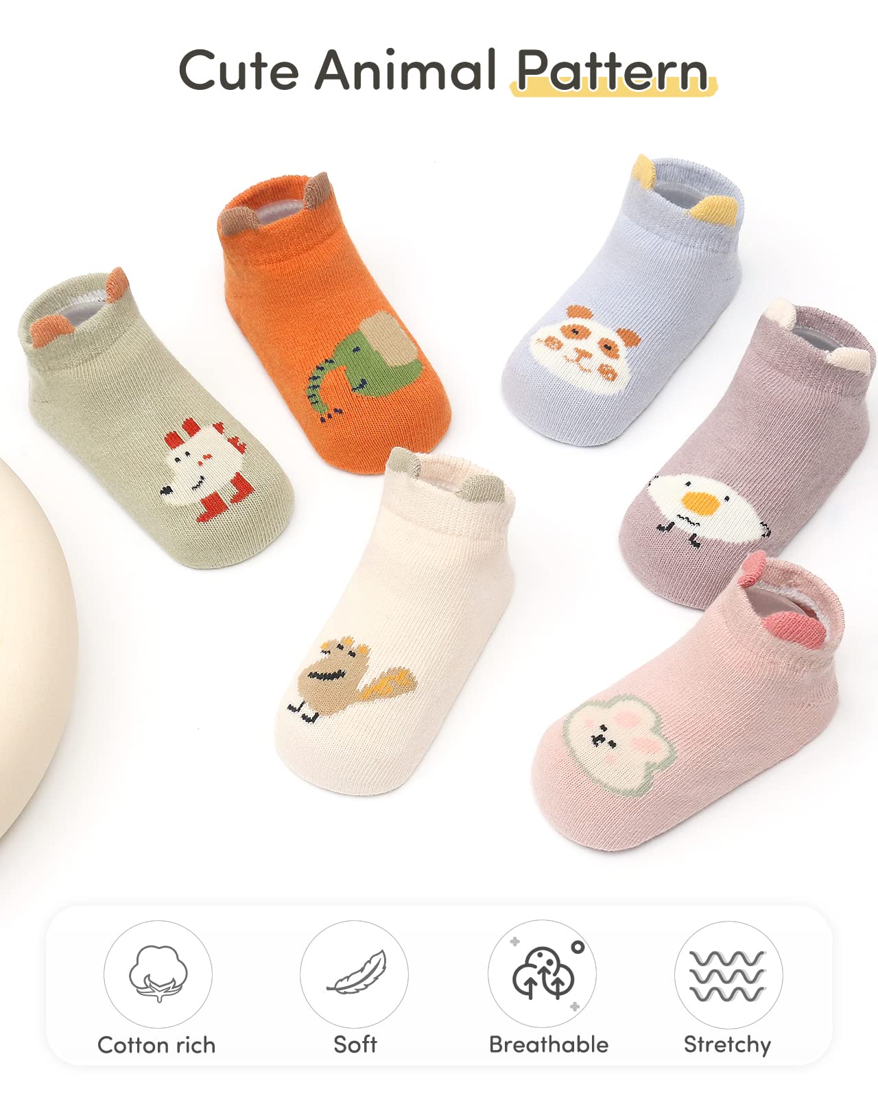 Adorel Chaussettes Antidérapantes Coton Basse Motif Animaux Bébé Lot de 6
