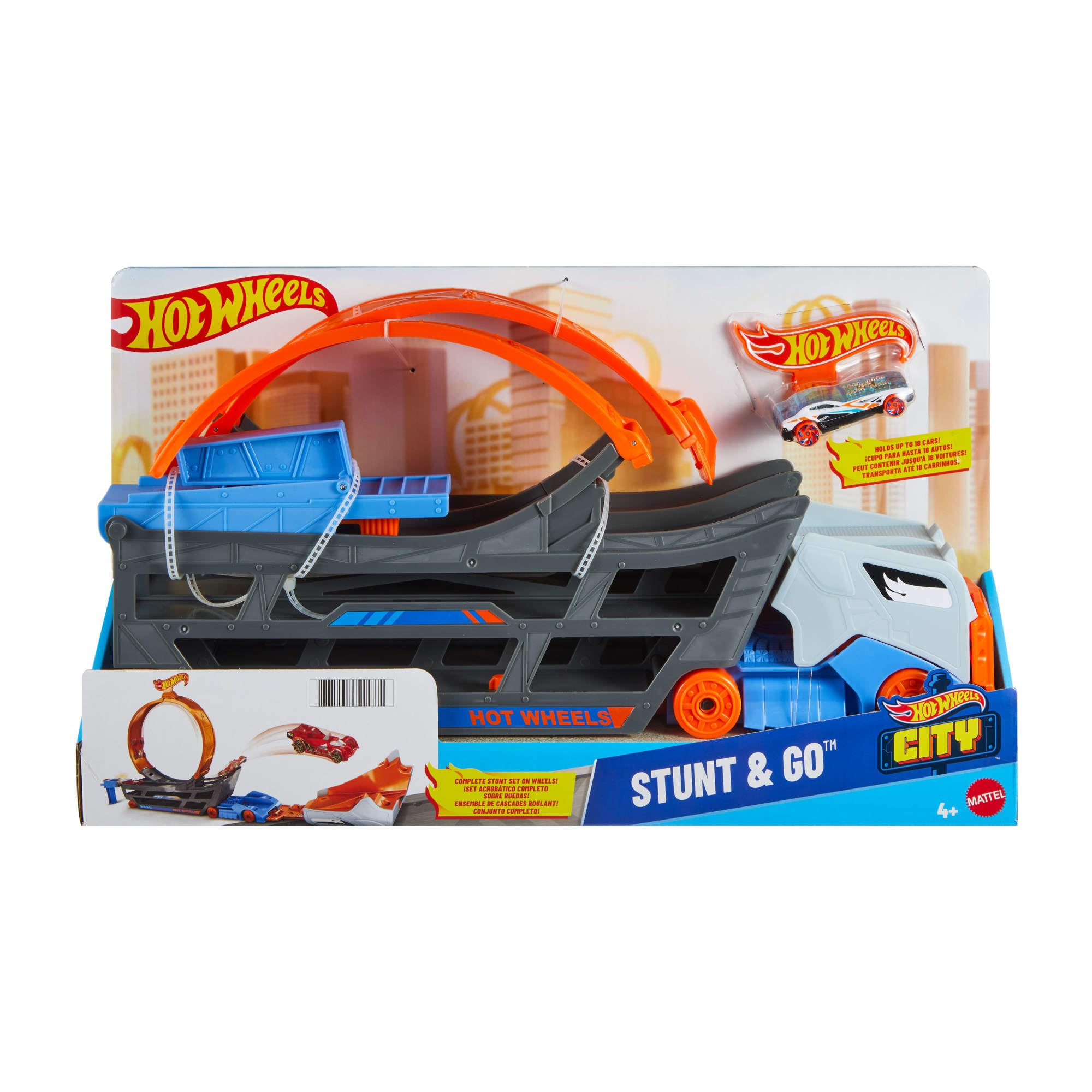 Zestaw Hot Wheels z ciężarówką transportową, dużą pętlą ze składaną wyrzutnią, miejscem dla 18 metalowych pojazdów w skali 1:16, dla dzieci powyżej 3 roku życia, GCK38