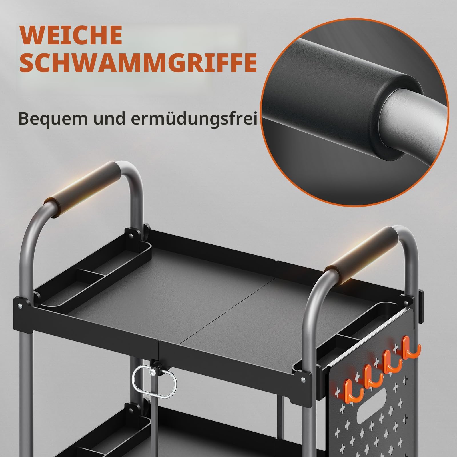 KINGRACK 3-Ebenen servierwagen klappbar mit Rollen ergonomischem Griff, klappbar Allzweck-Dienstwagen mit Organizer-Regal, praktisch für Haushalt, Büro, Garage, Lager Reparaturwerkstatt, schwarz.