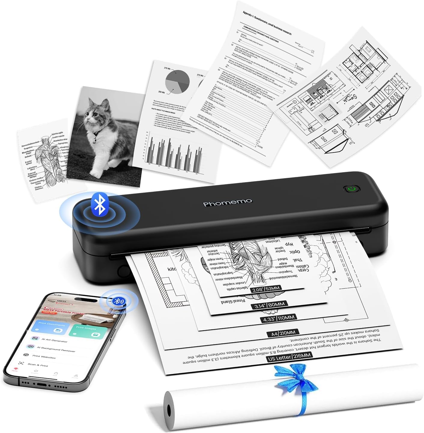 Phomemo M834 Stampante Portatile A4, Stampante Termica Portatile Senza Inchiostro, Connessione Bluetooth e USB, Supporta Carta Termica A4 (210x297 mm), 80mm, per Smartphone e PC, 300DPI
