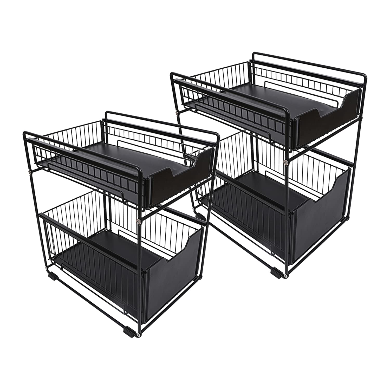MINGYI Rangement Sous Évier à 2 Niveaux, Panier de Rangement Coulissant, Étagères à Épices Coulissante, Étagère Rangement pour Cuisine, Bureau, Salle de bain, 37,4×26,5×44 cm (Noir-2 pcs)