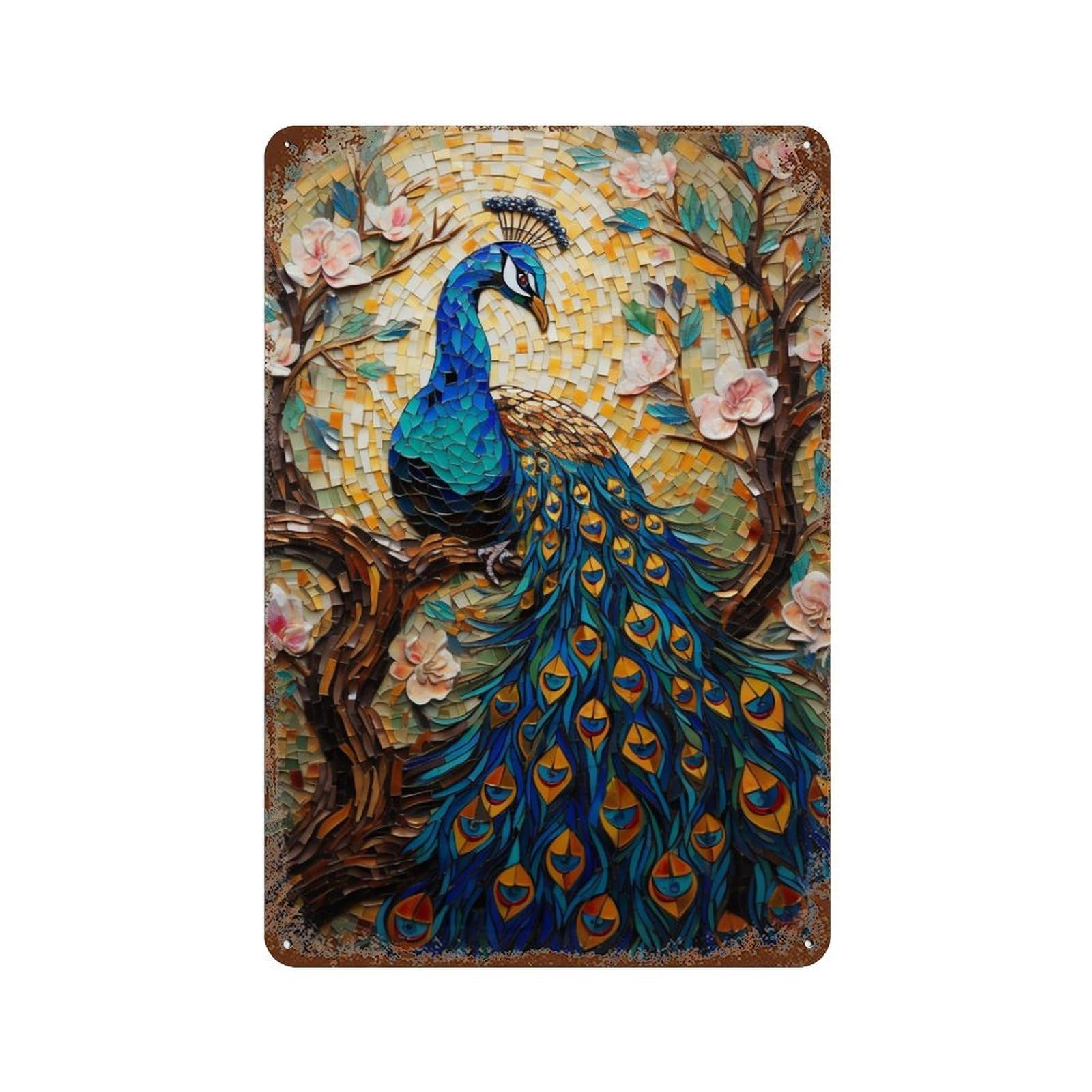 Peacock Mosaic Artwork Rusty Metal Tin Sign 11.8"x7.9", Old School Wall Decor for Garage, Pub Or Kitchen