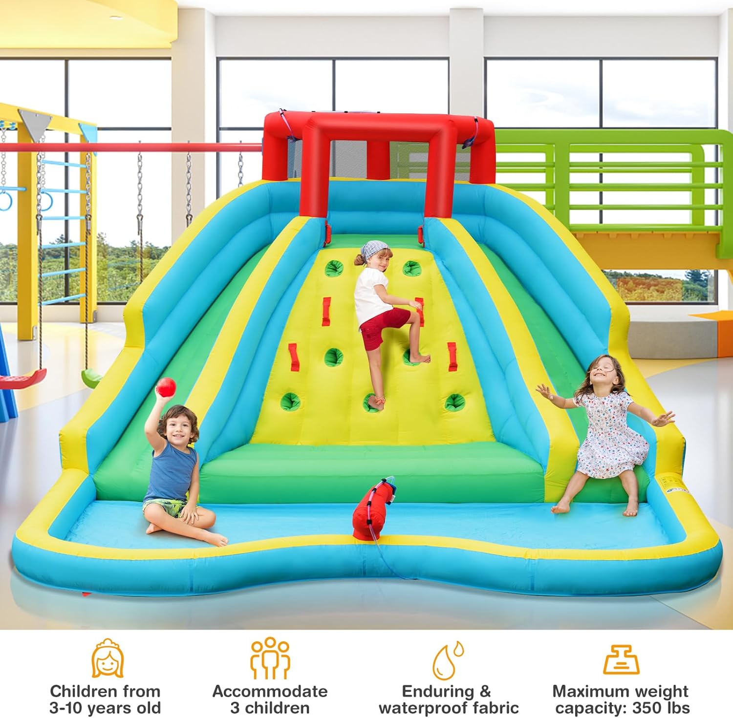 HONEY JOY Inflatable Water Slide, Giant Kids Water Park w/ 2 Long Slides & Climbing Wall, Water Hoses & Cannon, Large Splash Pool, Outdoor Blow Up Waterslides for Backyard(without Blower)