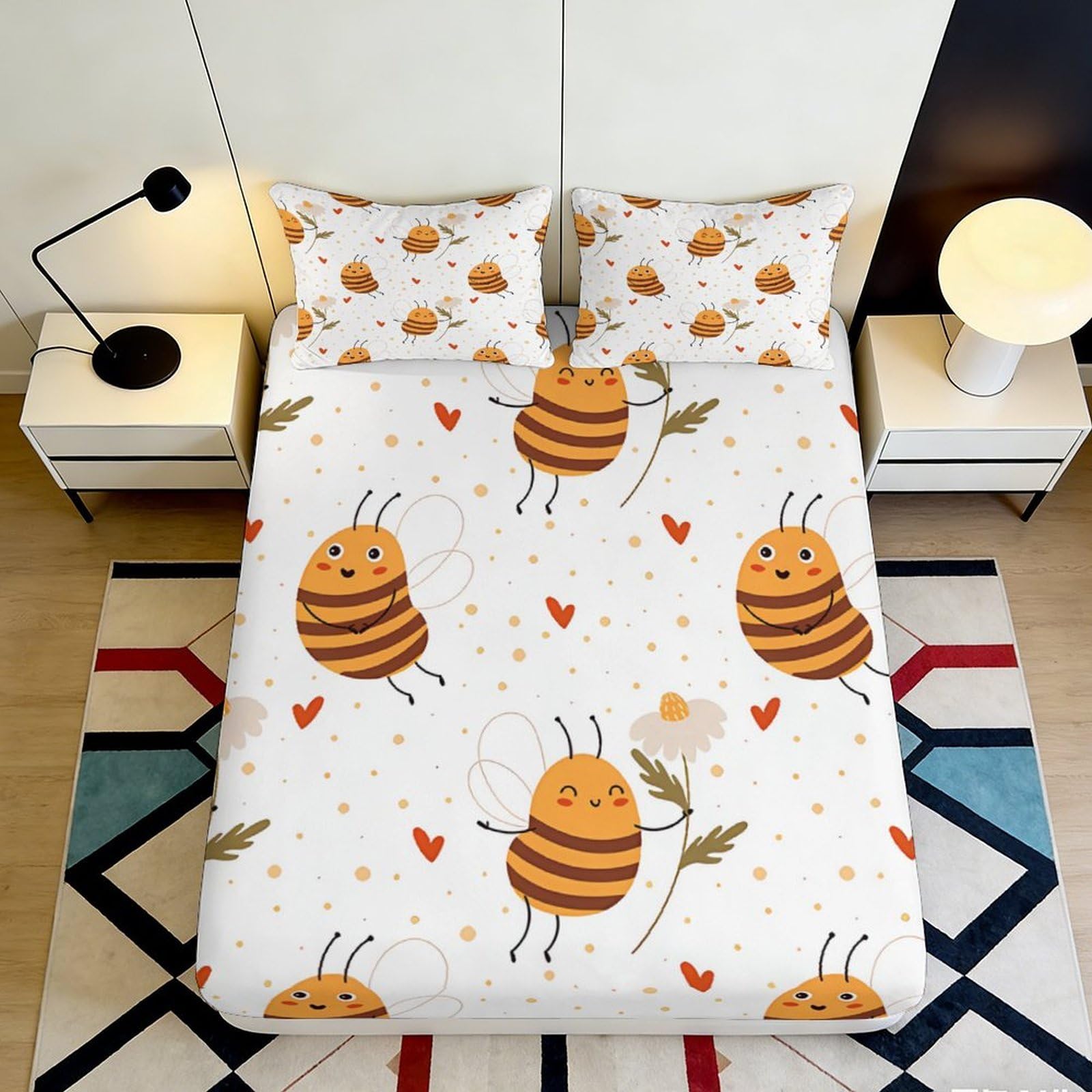 Bee Pattern Fitted Sheet 3D Printed, Soft Touch Microfiber Bed Cover, Wrinkle Resistant, Guest Room Bedding, Home Decor 180x200x25cm
