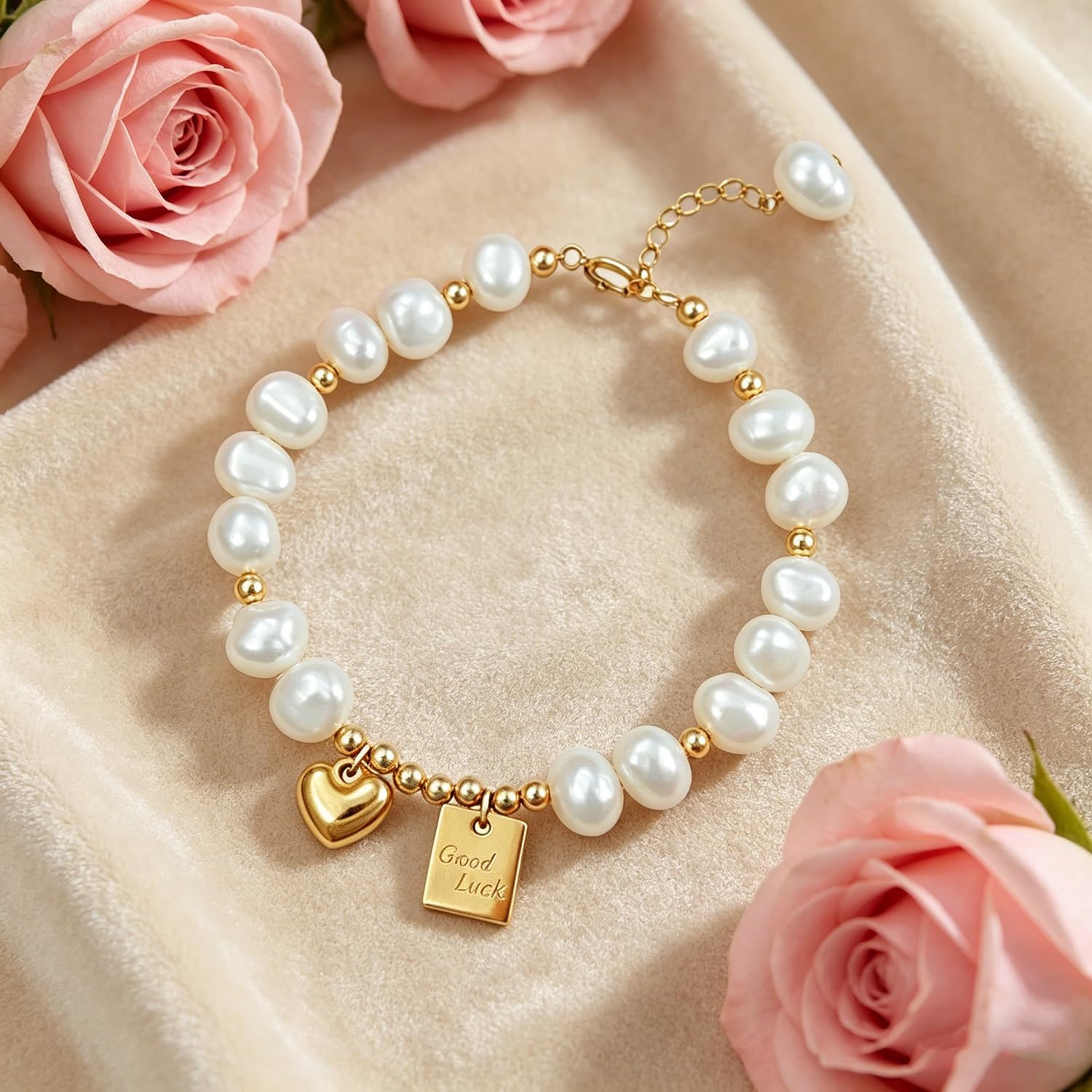 18k Gold Plated Baroque Freshwater Pearl Bracelet for Women, Engraved Good Luck Charm, Natural Irregular Pearl Bead Strand, Adjustable 6.3"+2" Chain, Lucky Gift for Her