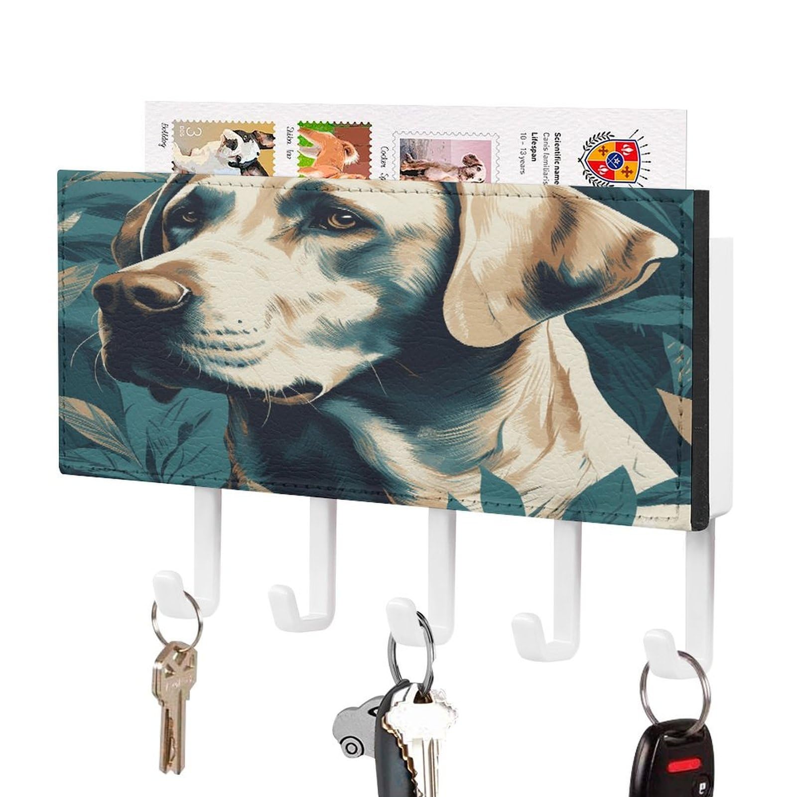 Fekiloot White-Style Dog In Leaves Key Holder Wall Mount Key Hanger With 5 Hooks Decorative Key Rack Hanging Key Hooks With Mail Organizer Key Holder For Wall Living Room Kitchen Bathroom Hallway White