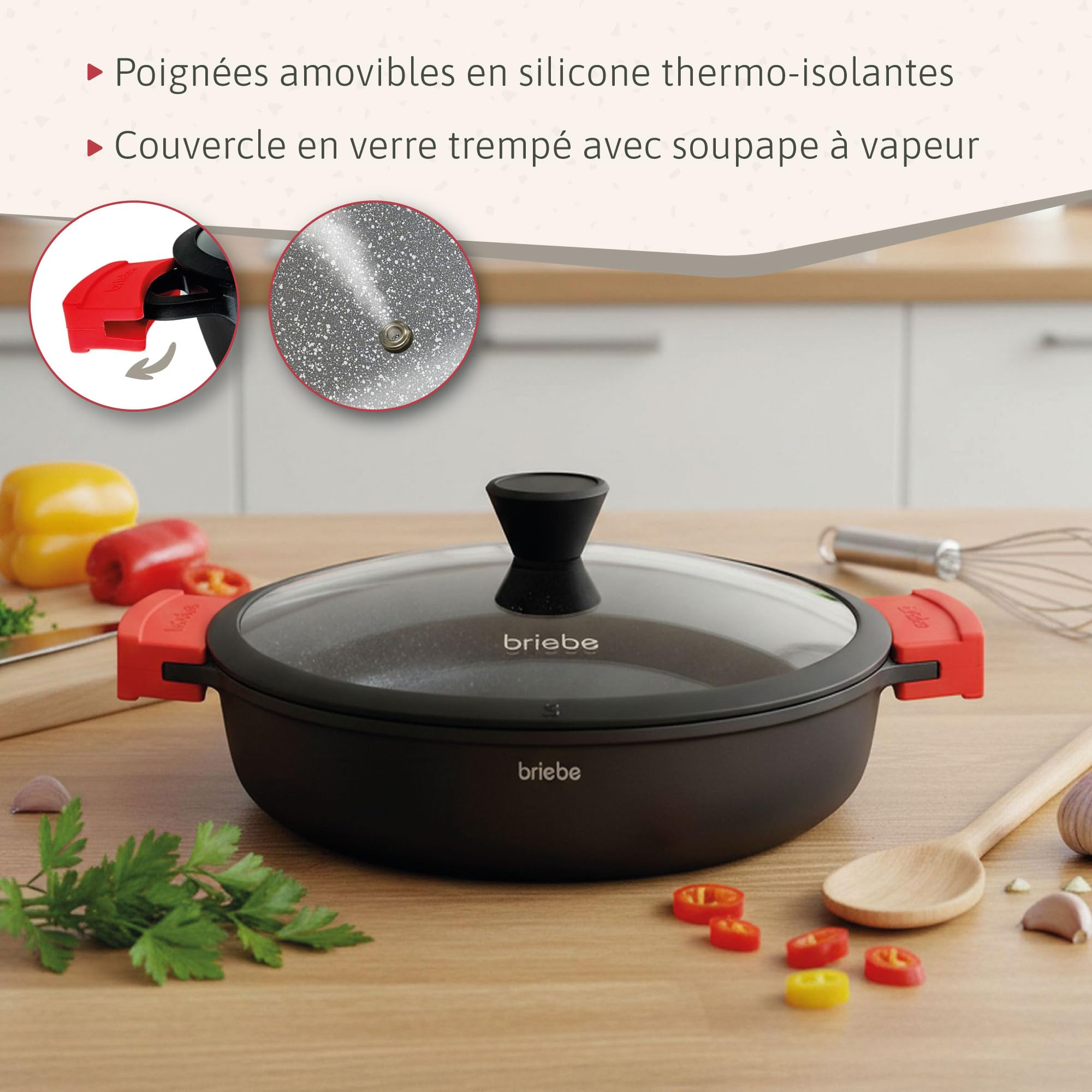 briebe Black Titanium Faitout Basse Induction Antiadhésif Titane, Casserole 24cm, Fonte d'Aluminium, Revêtement sans PFOA, Couvercle en Verre, Poignées Silicone, Vitrocéramique, Gaz, Four
