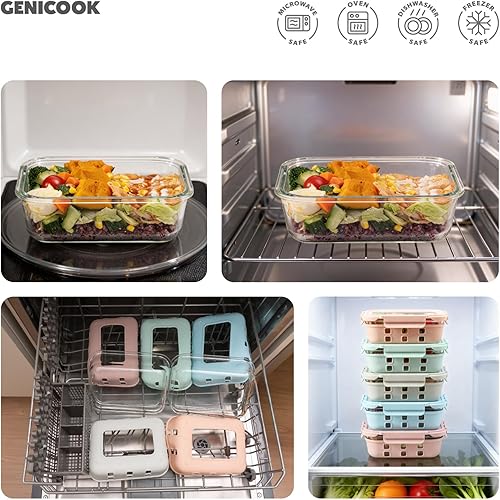 Miniatura 7 de GENICOOK Recipientes de vidrio para almacenamiento de alimentos de 4.4 tazas, paquete de 5, recipientes herméticos para preparación de comidas con
