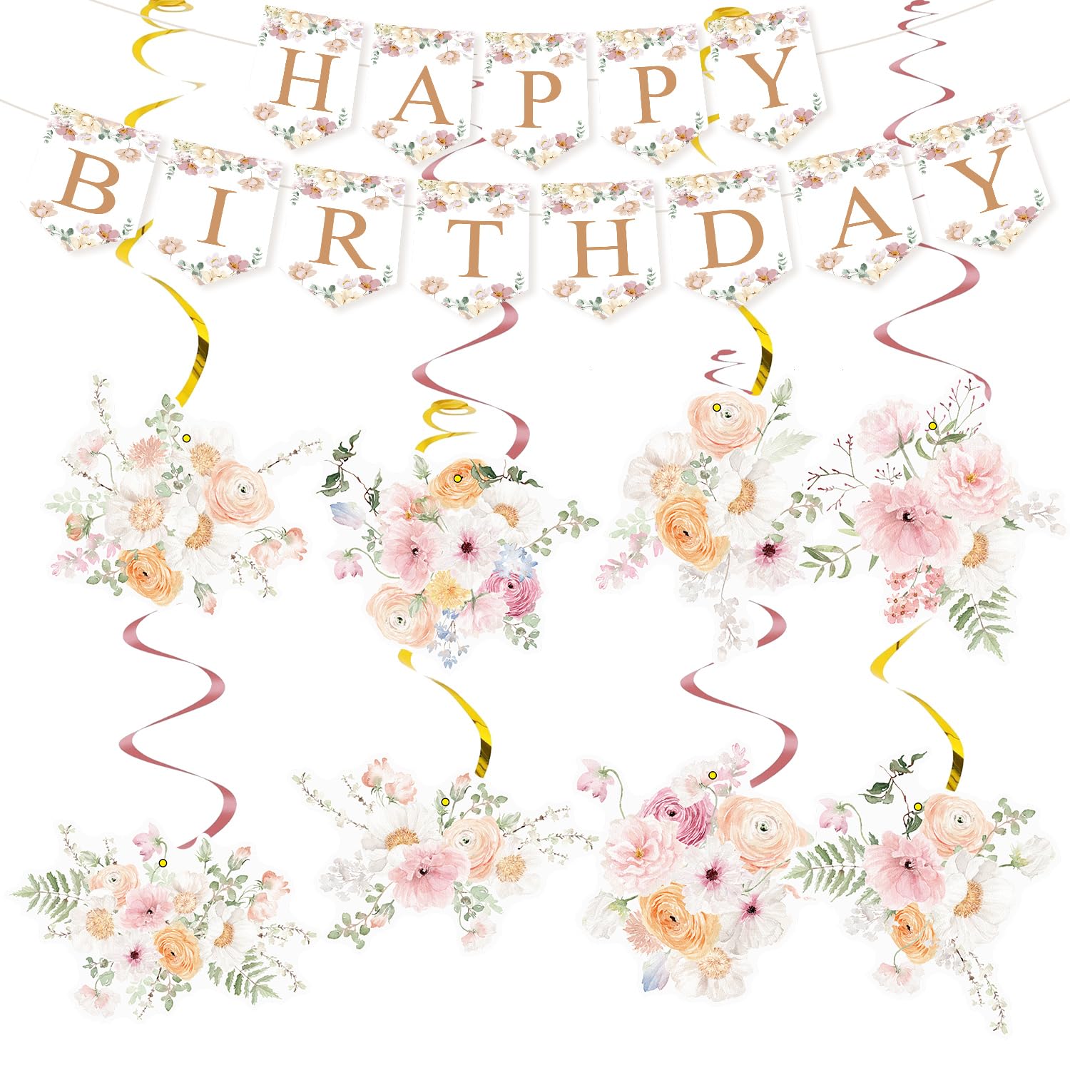 Wildflower Banner, Happy Birthday Banner and Hanging Swirls, Flower Floral Party Decor Supplies for Women Girls Birthday Party.(29PCS)