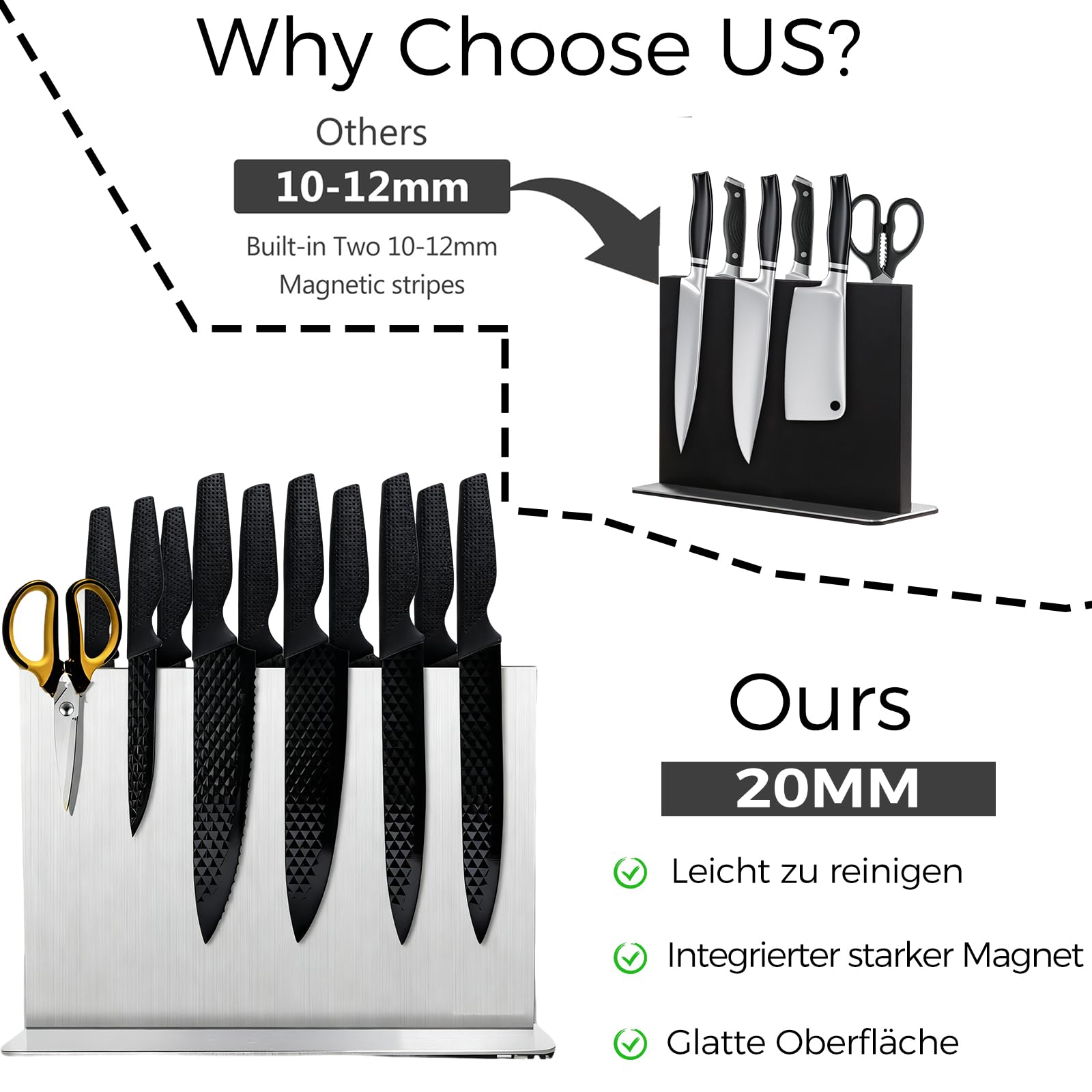 Porte-couteaux magnétique, bloc à couteaux magnétique en acier inoxydable avec meuleuse, barre de couteaux magnétique puissante des deux côtés, support pour comptoir de cuisine, base à ventouse