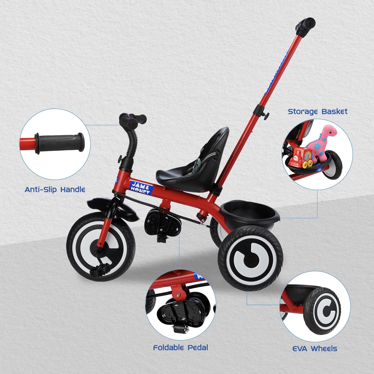 Amazon Brand - Jam & Honey Tricycle for Kids | Seatblet, Parental Handle, & Storage Basket | ISI & BIS-Compliant | for Boys and Girls 2 to 4 Years | 73 x 46 x 90 cm | Red - Image 3 thumbnail