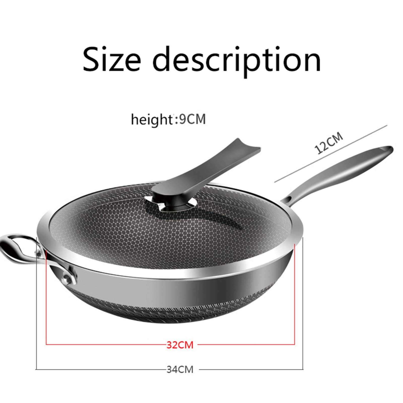 Wok antiaderente a induzione con coperchio, padella per friggere da 38 cm, coperchio in vetro temperato resistente, manici ergonomici per rimanere freschi, perfetto per una cucina sana e una facile