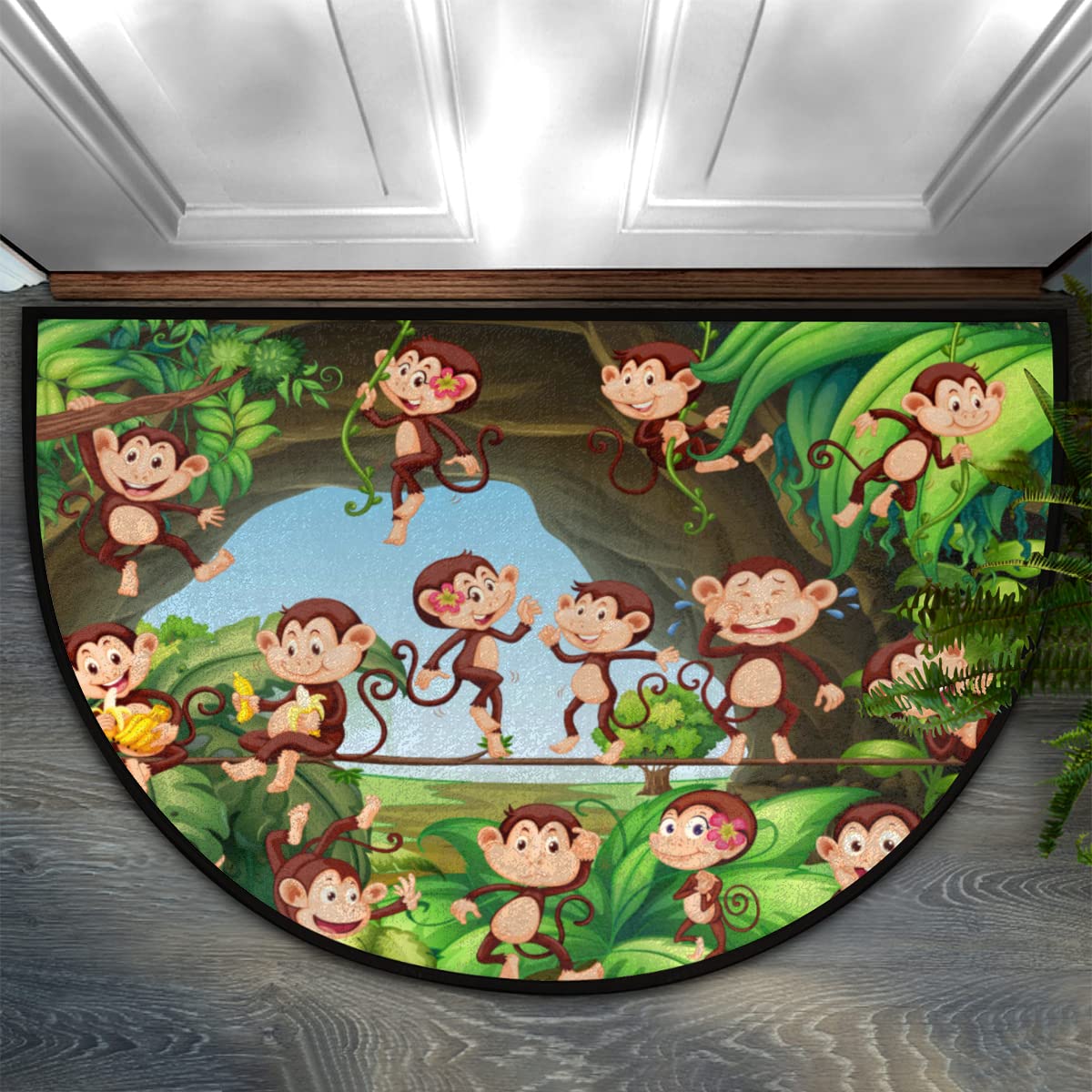 Monkey Half Round Door Mat Indoor Entrance Rugs Non-Slip Semi Circle Area Rug Welcome Doormat 24 x 36 Durable Absorbent Floor Mats for Home Kitchen Living Room