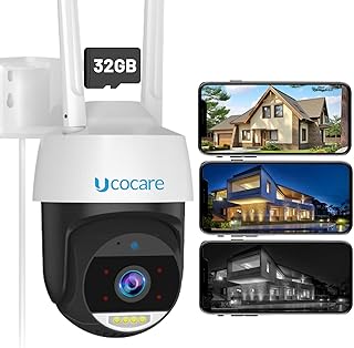 UCOCARE 5MP WiFi Security Camera Outdoor with Free 32G SD Card, 360° CCTV Camera Outdoor Wireless with Auto Tracking, 24h Recording, Smart Motion Detection, Color Night Vision, Siren, 2-Way Talk, IP67