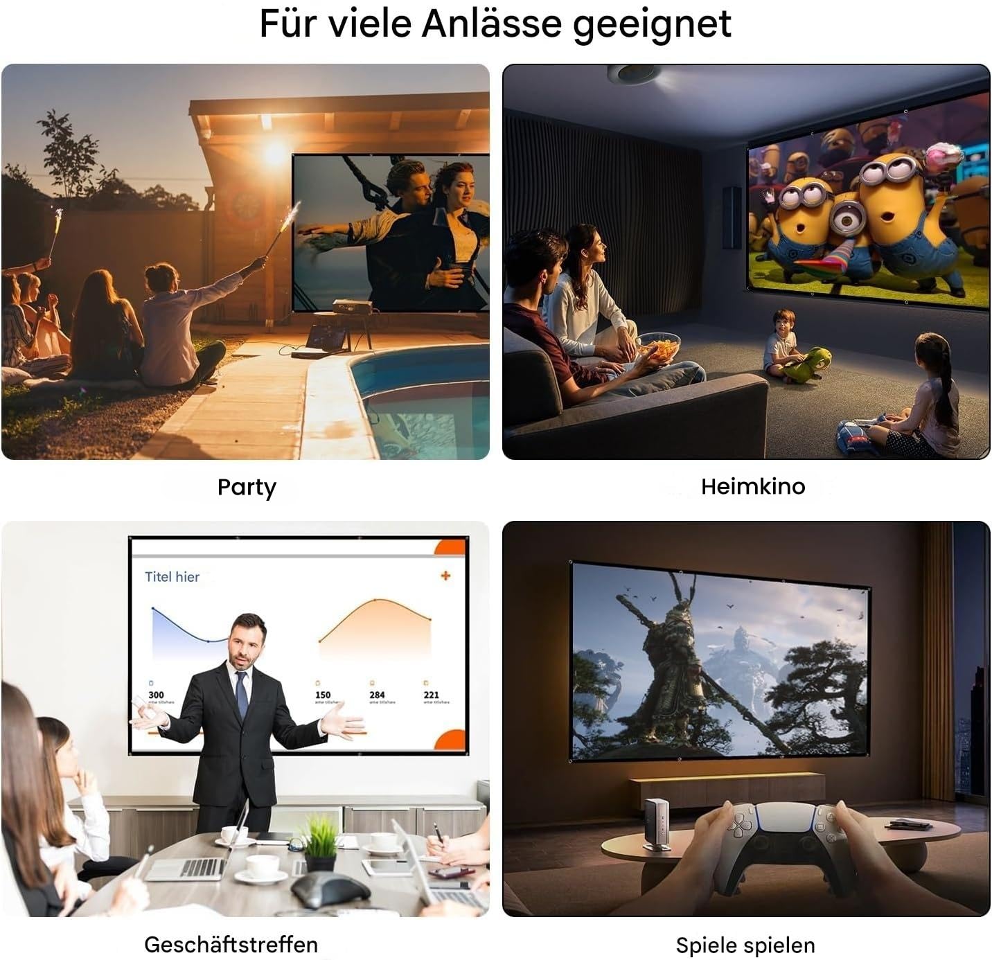 Leinwand Beamer 120 Zoll: Ruschen verdickt und tragbare Beamer Leinwand 265 x 149 cm, 16:9 HD faltbar & knitterarme Projektionsleinwand für Heimkino, Garten, Camping, Büro, inkl. Haken & Seile
