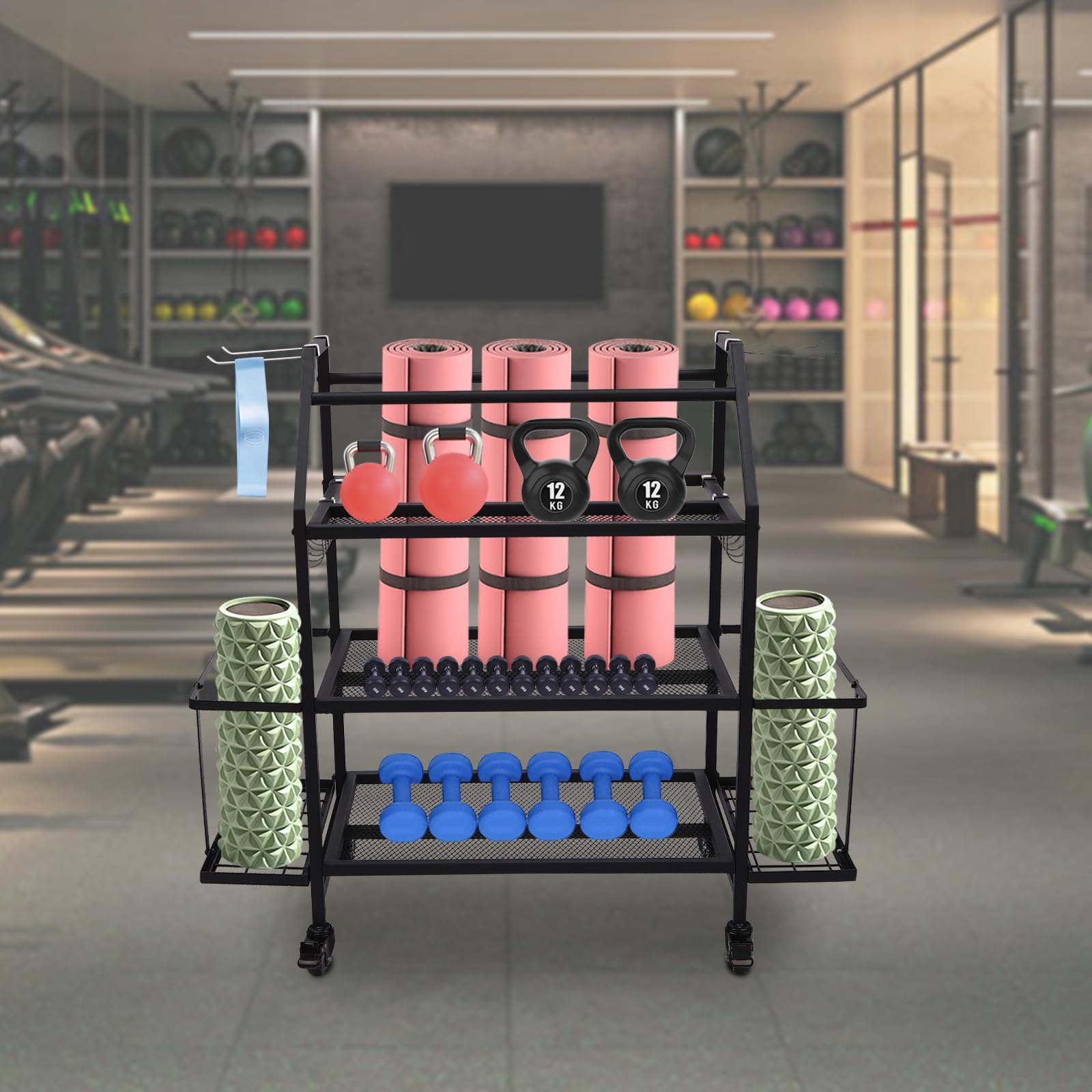 Attrezzature sportive, supporto per manubri, tappetino da yoga, organizer per manubri, rullo fasciale, kettlebell e blocco yoga, scaffale per la casa e la palestra