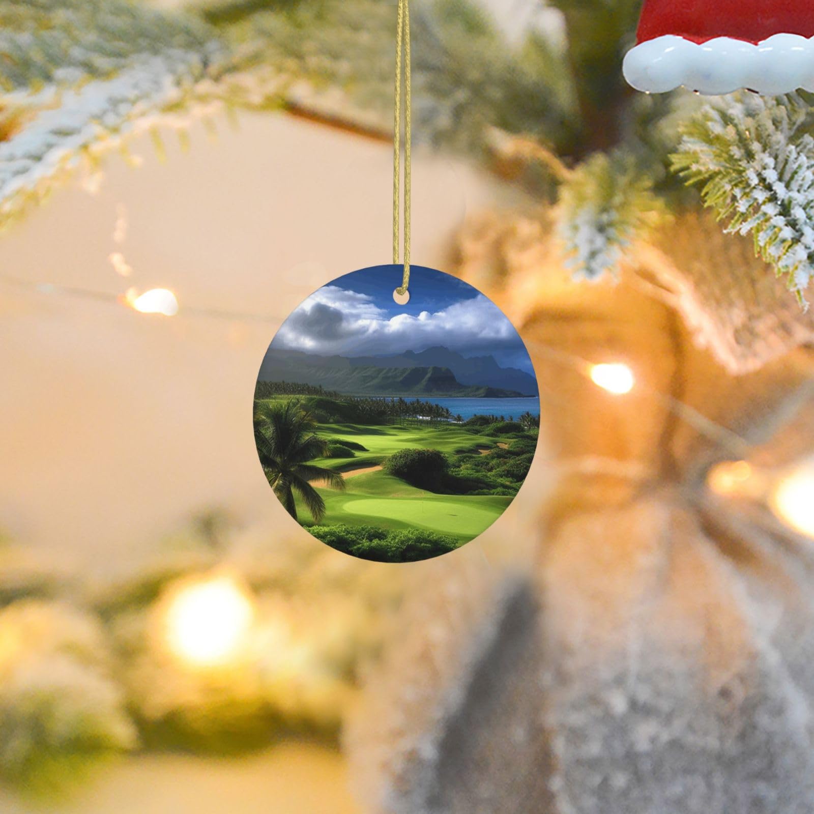 Christmas Tree Ornaments Ceramics Christmas Round Decorations Scenic Hawaii Golf Tropical Ceramics Ornaments Circle Pentagram Xmas Tree Hanging Pendant for Christmas Tree Party Holiday Home Decor