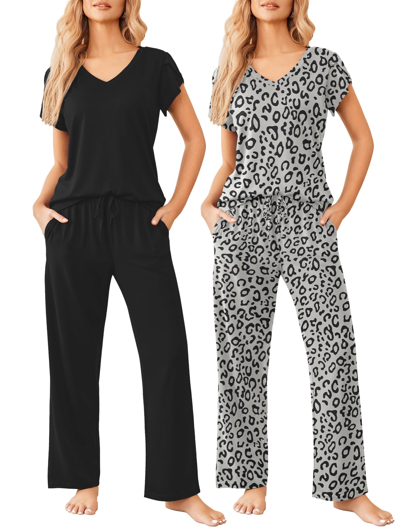 Ekouaer 2 Pack Womens Pajamas Short Sleeve Sleepwear Top with Pants Super-Soft Printed Lounge Sets S-XXL