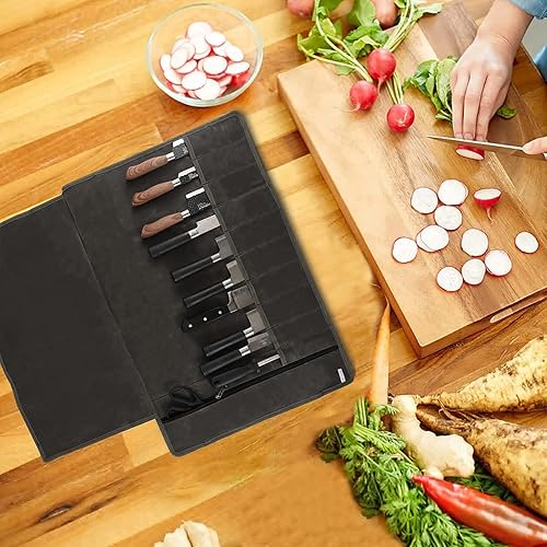 Miniatura 7 de HERSENT Bolsa de rollo para cuchillos de chef, portador de cuchillos de lona encerada, fundas portátiles para cuchillos de chef, soportes para