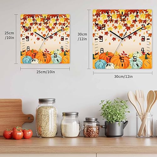 Miniatura 6 de Pumpkins Fall Wooden Wall Clock Silent Non Ticking, Thanksgiving Autumn Maple Leaves Harvest Square Wall Clock Battery Operated, Decor Clock for