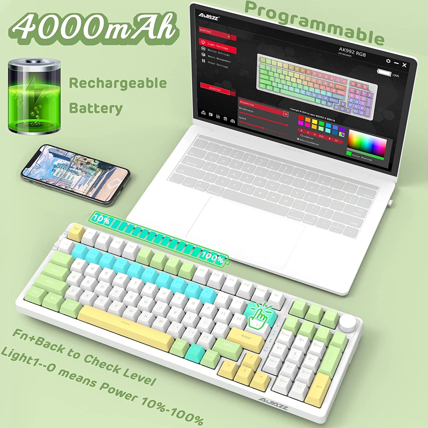 A.JAZZ AK992 GASKET Tastiera da gioco meccanica hotswap e poggiapolsi cloud e cavo USB C a spirale,4000 mAh 2,4 Ghz/BT5.0/USB-C, RGB LIGHTSYNC,manopola del volume,copritasti PBT (interruttore marrone)