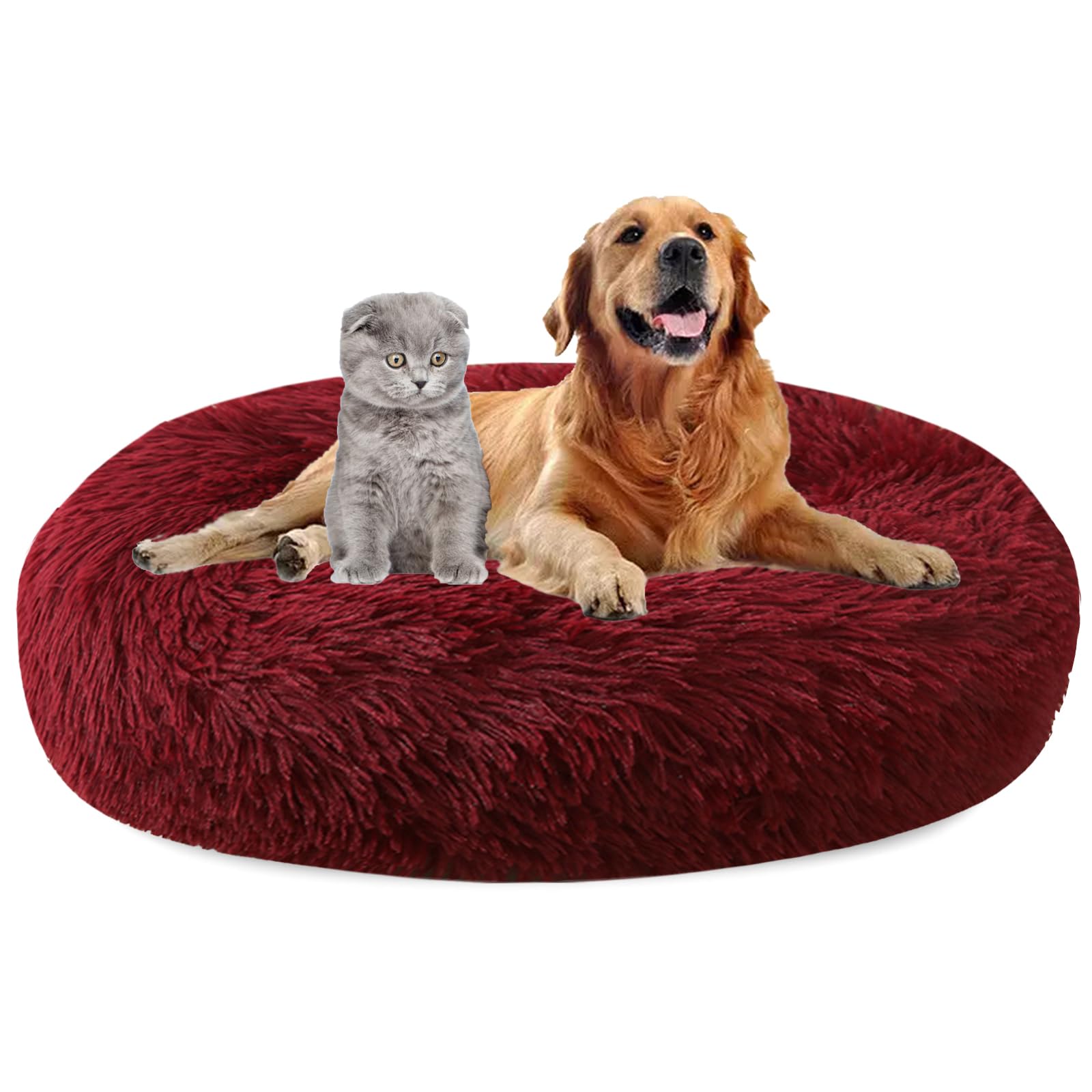 MAIFENGL Calming Dog Bed Plush Donut Pet Bed, Fluffy Washable Non-Slip Plush Cuddler Warming Round Dog Cat Bed- Red Wine|| Ø120cm/47in
