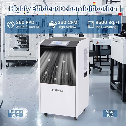 Miniatura 2 de COSTWAY Deshumidificador comercial de 250 pintas con manguera de drenaje, deshumidificador industrial resistente, temporizador de 24 horas y 4