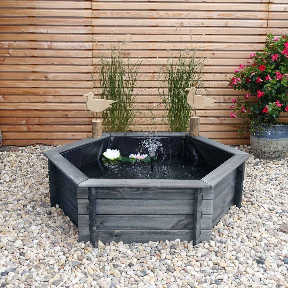 Beauty.Scouts 6-Eck-Hochteich Erlis Kiefer grau 100cm Teichfolie Pumpe Gartenteich Komplettset