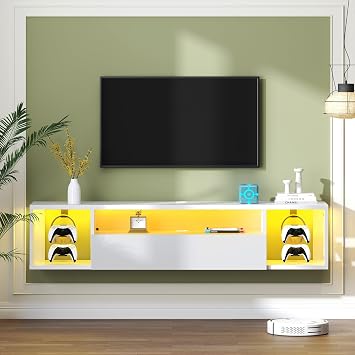 SDHYL 55" Wall Mounted TV Stand with LED Lights, Modern Floating TV Shelf with Cable Management, Entertainment Center Media Console with Storage for Living Room, White
