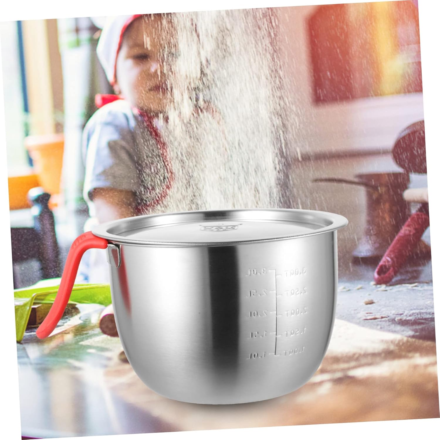 Happyyami 304 Stainless Steel Egg Whisking Mixing Bowl with Lid Non-Slip Handle High-Depth for Kitchen Salad Baking and Cooking