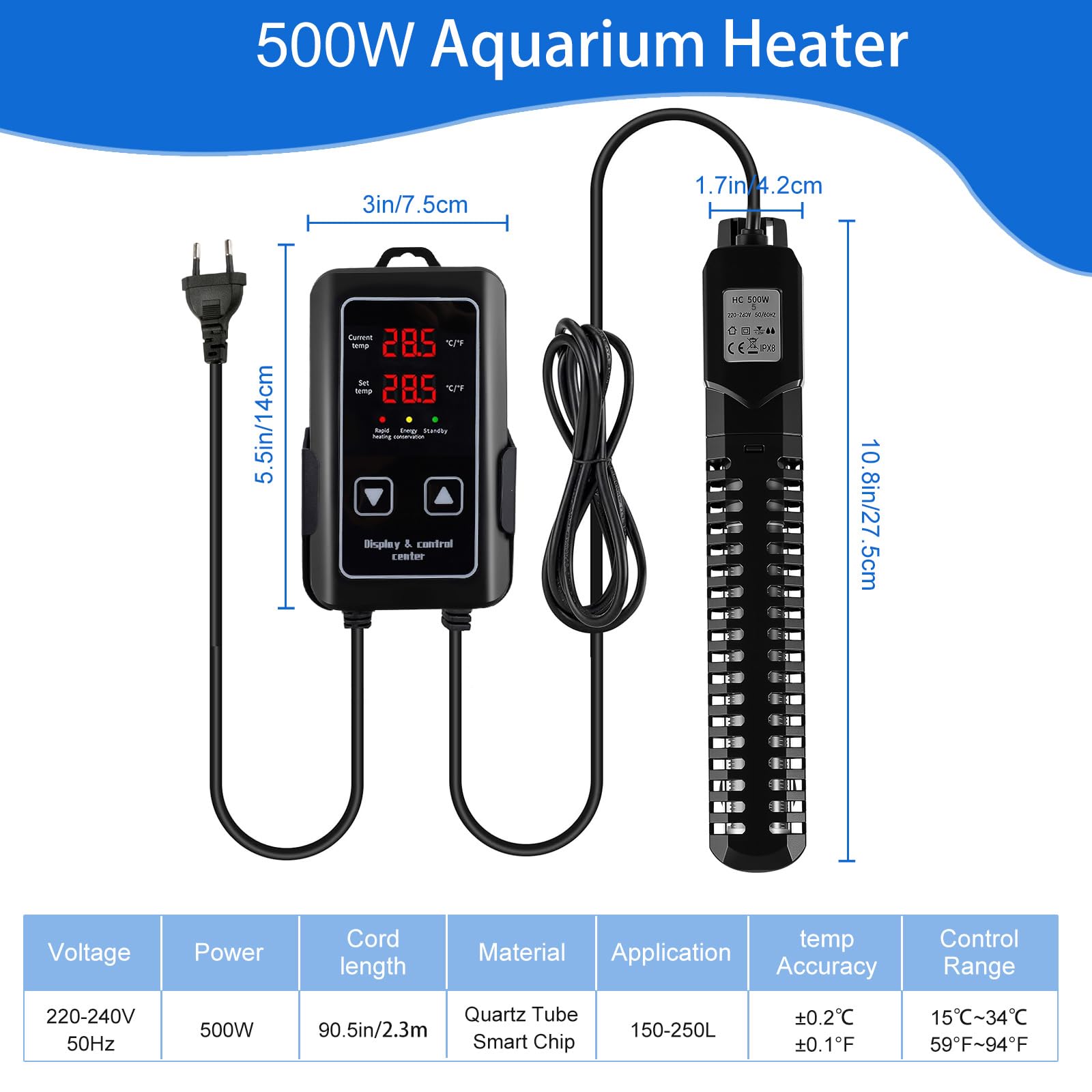 500W Aquarium Heizung, Temperatur Einstellbare Aquarium Heizer mit LED-Digitalanzeige, Saugnäpfen und Übertemperaturschutz, Thermostatheizung für Fischtanks und Aquarium 50L-400L (500W)