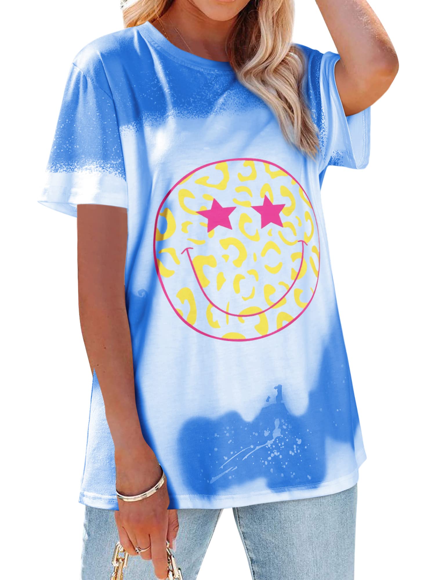 EzcosplayWomen Loose T Shirts Cute Happy Smile Graphic Tees Tie Dye Shirt Preppy Tops