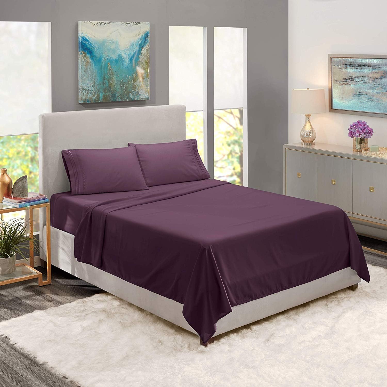 Anili Mili 1800 Collection 6-Piece Bed Sheet Set with Bonus Pillowcases, King, Purple Eggplant