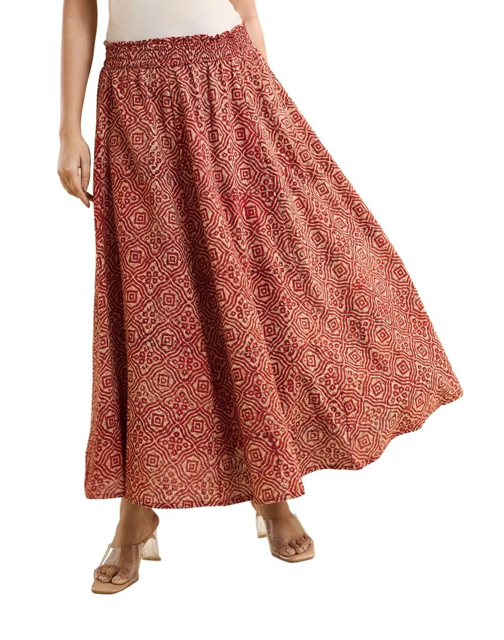 fabindia Red Cotton Bagru Printed Midi Skirt-picture-10