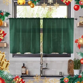 youleyar Solid Sheer Rod Pocket Curtain Voile Draperies 2 Panels White Beige Black Ivory Grey 26 Inch Width 24 Inch Long 1 Pair for Kitchen Bedroom Children Living Room YardFoliage Green,26W x 24L