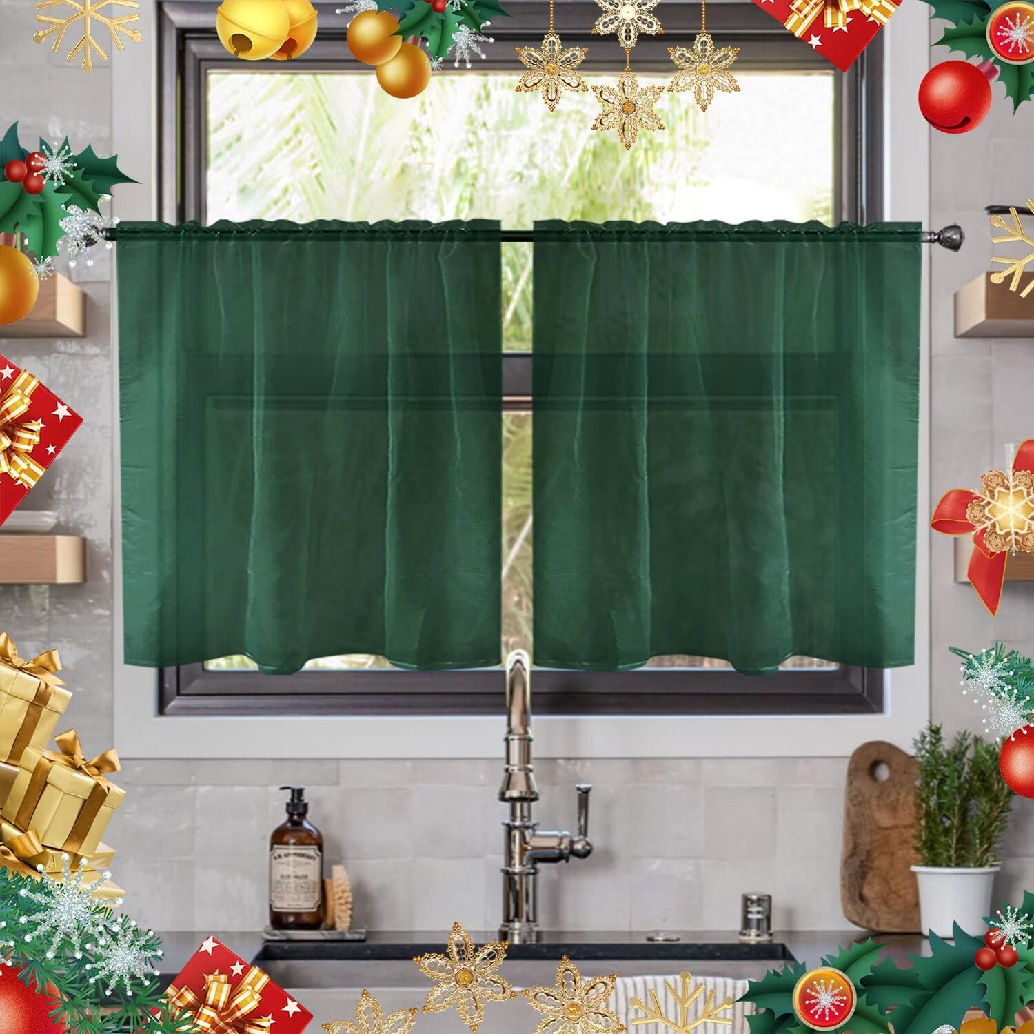 youleyar Solid Sheer Rod Pocket Curtain Voile Draperies 2 Panels White Beige Black Ivory Grey 26 Inch Width 30 Inch Long 1 Pair for Kitchen Bedroom Children Living Room Yard(Foliage Green,26W x 30L) โ image 1