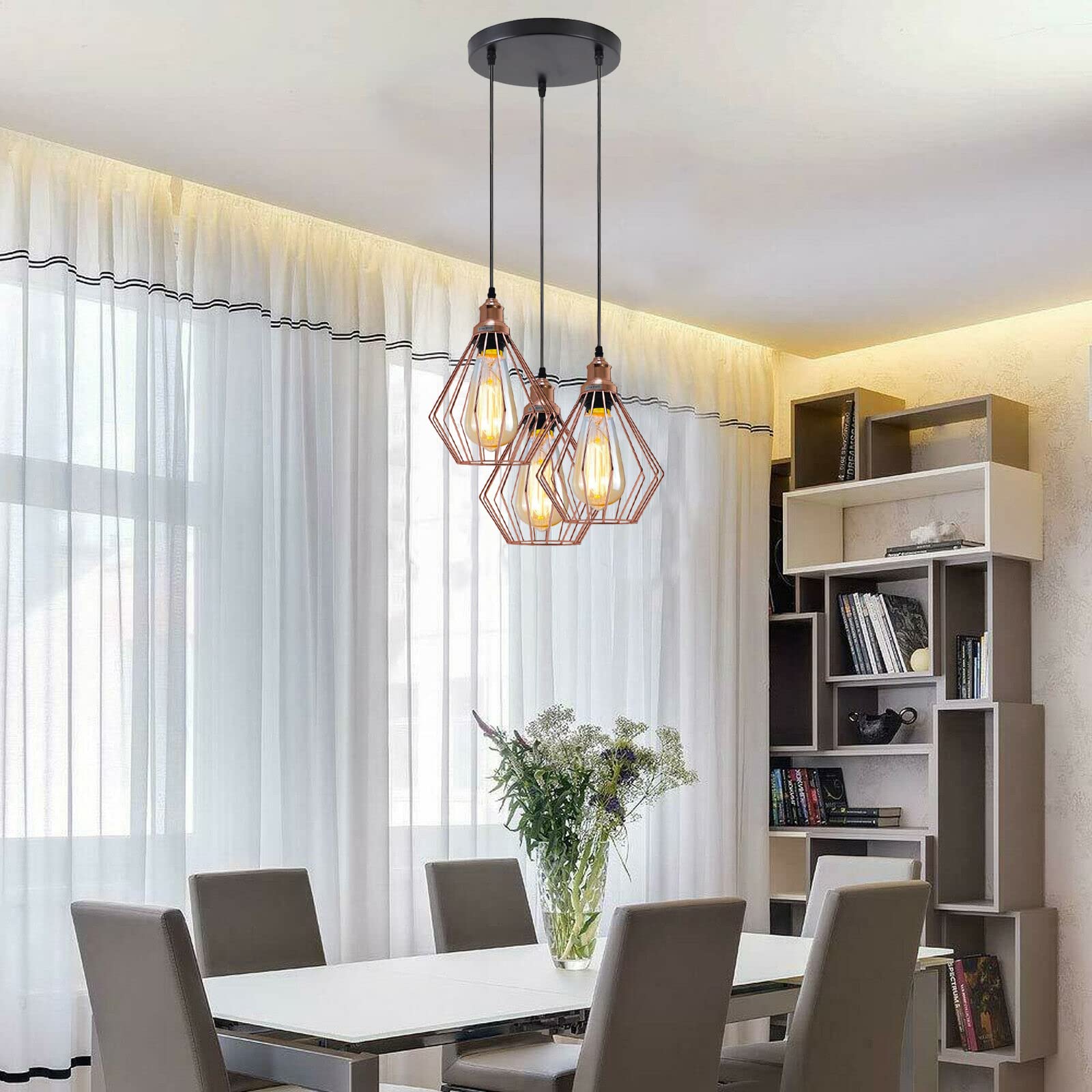 LEDSone Plafonnier Moderne Rétro à 3 Voies En Forme De Cage En Diamant Avec Abat-jour En Or Rose E27 (Diamant