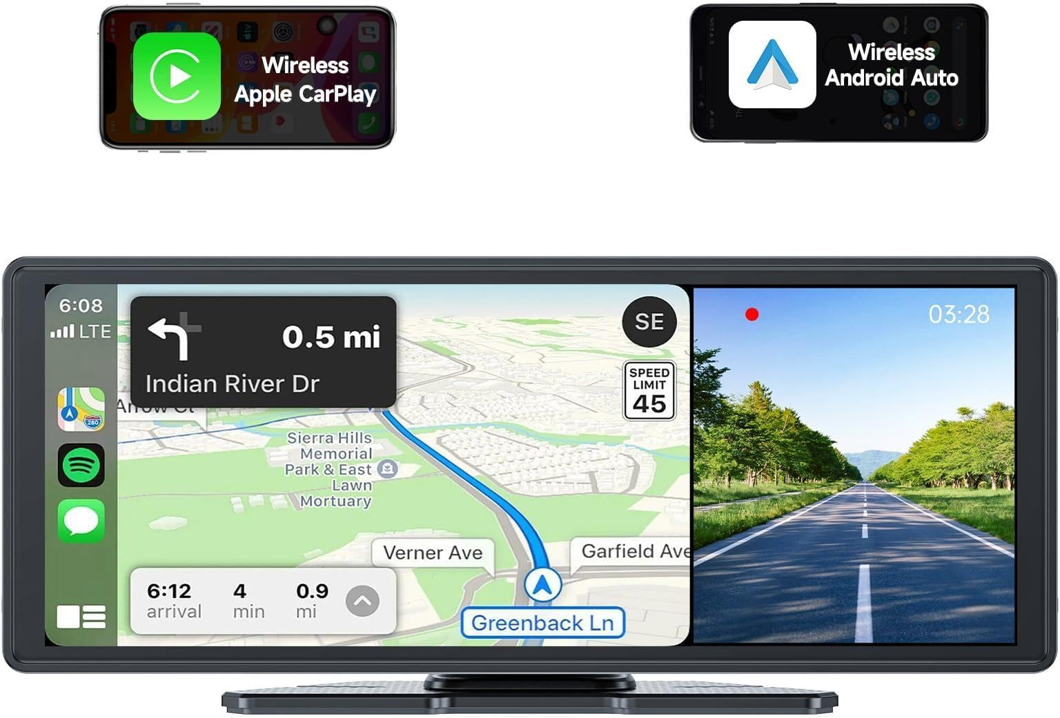 860 Portable CarPlay Screen with 4K Dash Cam Front and Rear- 9.3" Wireless Apple CarPlay ๏ผAndroid Auto Car Stereo, Bluetooth, GPS Navigation Head Unit,Car Stereo Receivers,1080p Backup Camera