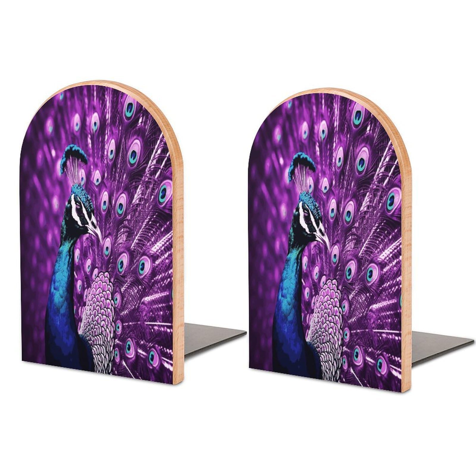 Purple Peacock Bookends 1 Pair Heavy Duty Book Ends for Shelves Non-Skid Bookend Supports Wooden Book Holders with Metal Base Desk Organizers Books Storage to Hold Books