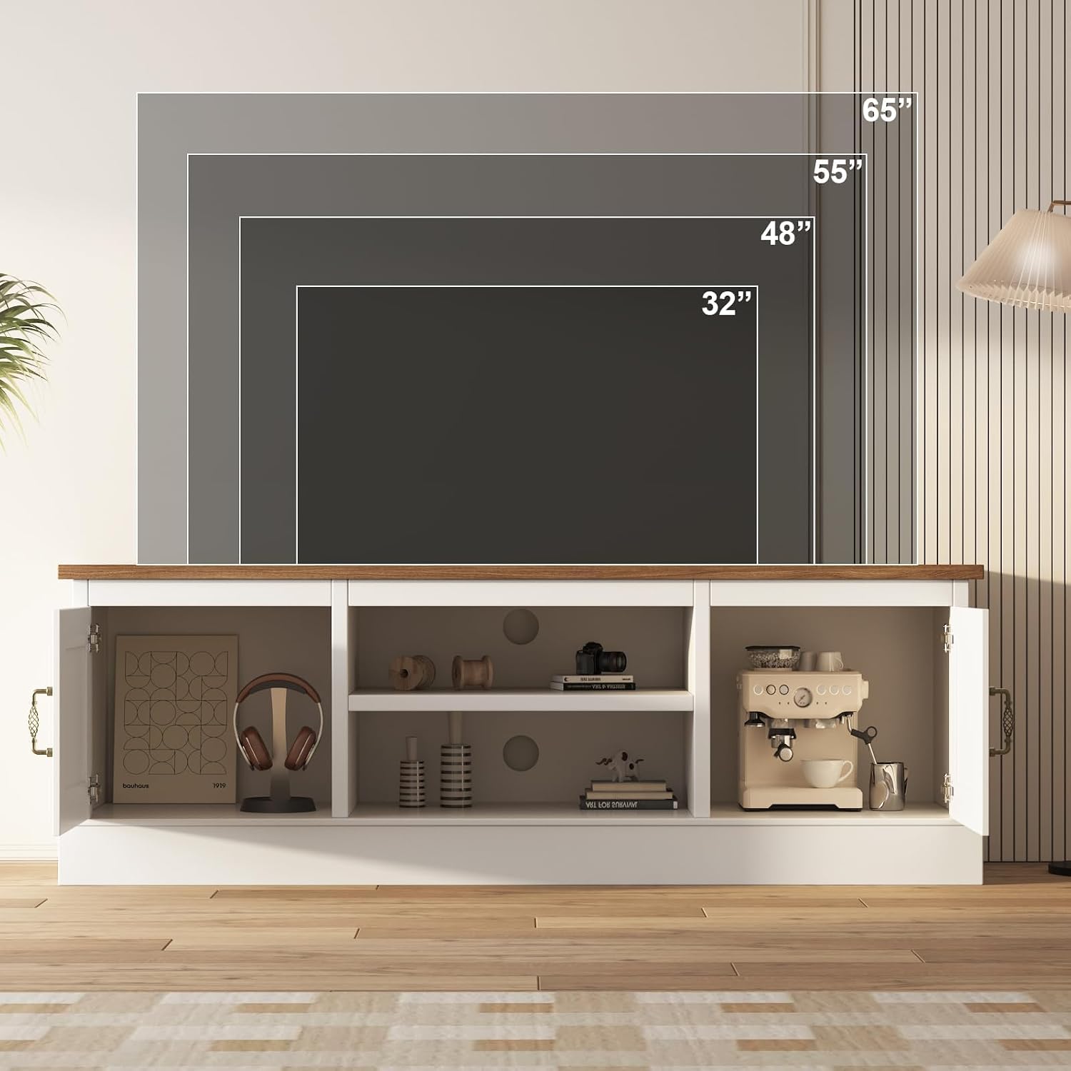 61" Farmhouse TV Stand for 65 Inch TVs, Wooden Entertainment Center with 2 Storage Cabinets, Open Shelves & Cable Management, Rustic Media Console Table for Living Room Bedroom Home Office,White&Brown