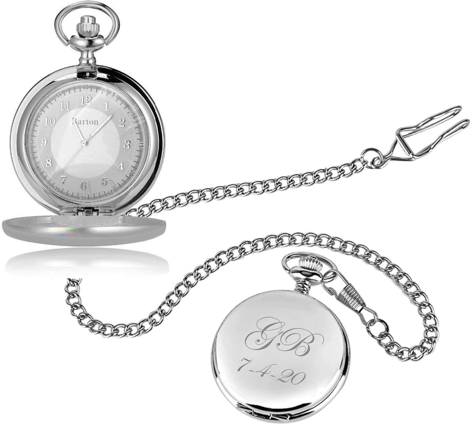 Personalized Silver Pocket Watch with Glass Cover Custom Engraved Free - Stainless Steel Timepiece with Gift Box, Free Engraving - Ships from USA