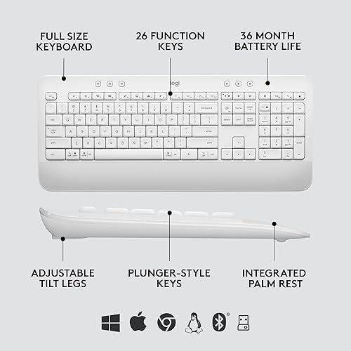 Vista 24 de Logitech Signature K650 Comfort - Teclado inalámbrico de tamaño completo con reposamuñecas, Bluetooth BLE o receptor USB Logi Bolt, teclas