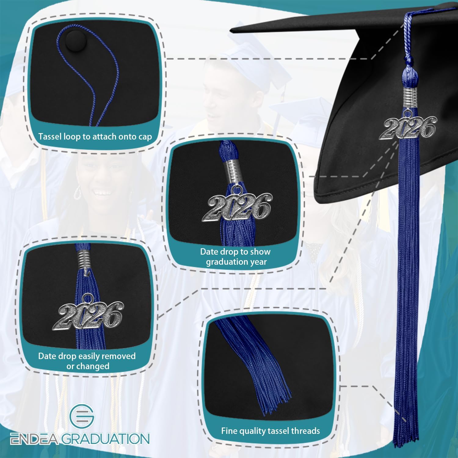 Endea Graduation Single Color Tassel with Silver Date Drop (Royal Blue, 2026)