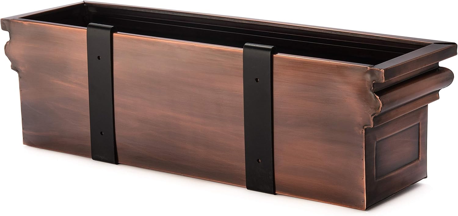 H Potter 30” Copper Finish Window Box Planter with Brackets, Stainless Steel Metal Outdoor Flower Box for Windows, Deck & Balcony, Flat Back Design