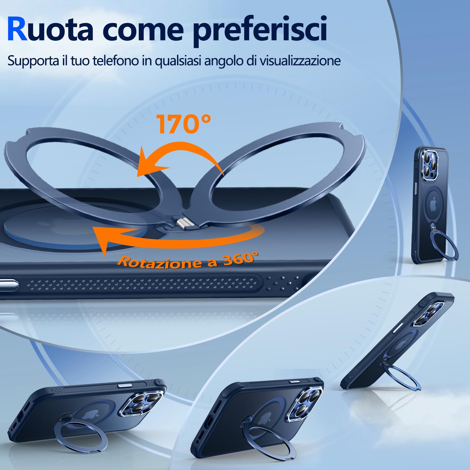 Custodia O3 Mag-Stand per iPhone 14 Pro con Supporto a 360°,[Compatibile con MagSafe][Eccezionalmente Delicata Sulla Pelle] Sottile Eopaca Magnetica Traslucida 6,1", Blu Opaco