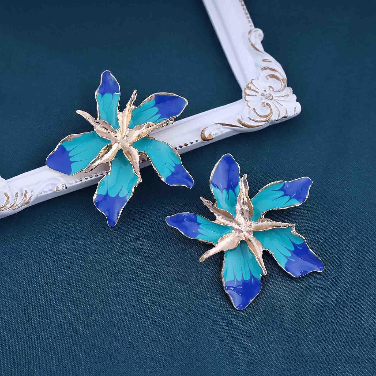 Bohemian Enamel Flower Stud Earrings Blue Enamel Flower Petal Earrings Large Metal Flower Earrings Exaggerated Flower Earrings Jewelry for Women Gifts - Image 4